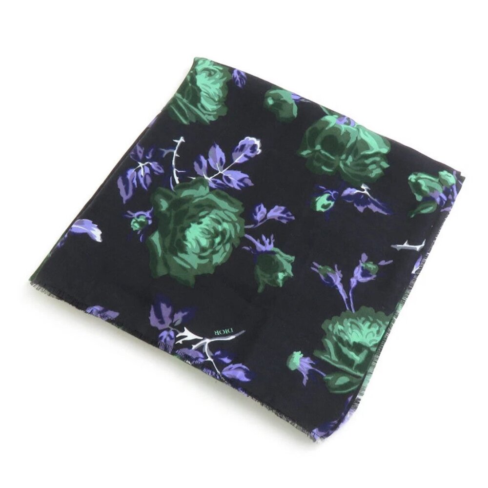 Auth Christian Dior Shawl Scarf Black/Green/Purple Wool